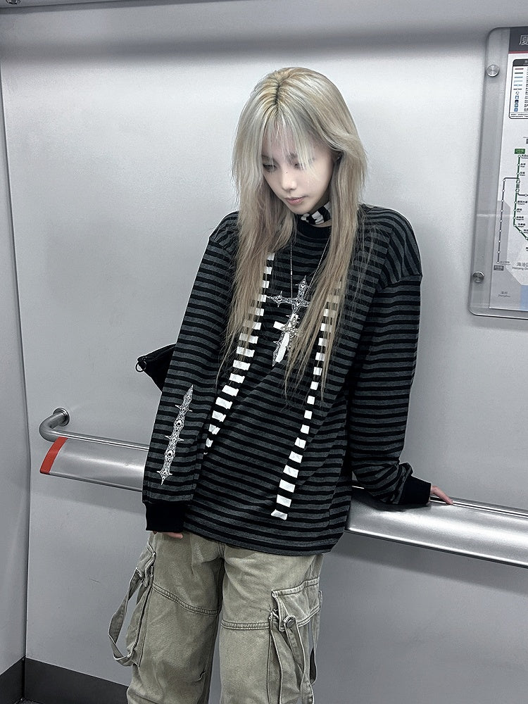 Sweatshirt with Gothic Black Print Gray Striped Cross