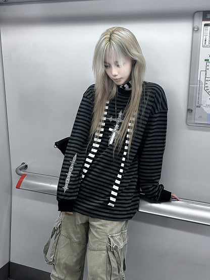 Sweatshirt with Gothic Black Print Gray Striped Cross