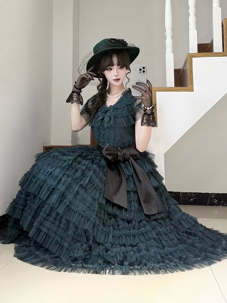 Cotton Tulle Skirt Waist Classic - Vest Green Dotted Elegant Lolita Multi-layered Set Dark Belt + Mesh
