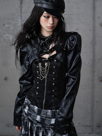 Jacket Punk with Vintage Studs PU Buckled Crop Straps Black