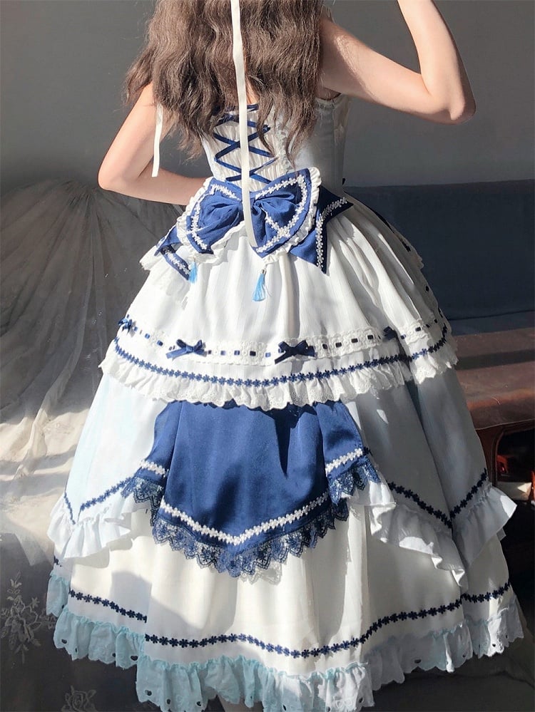 and Floral JSK Dark Lolita Sleeves Dress Embellished Flutter Blue Bow