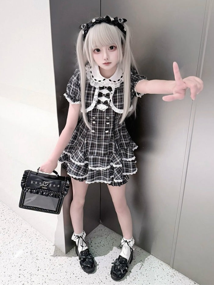 Black White Jirai Kei Plaid Fake Two-Piece Dress with Shorts Set - Puppet Bombs