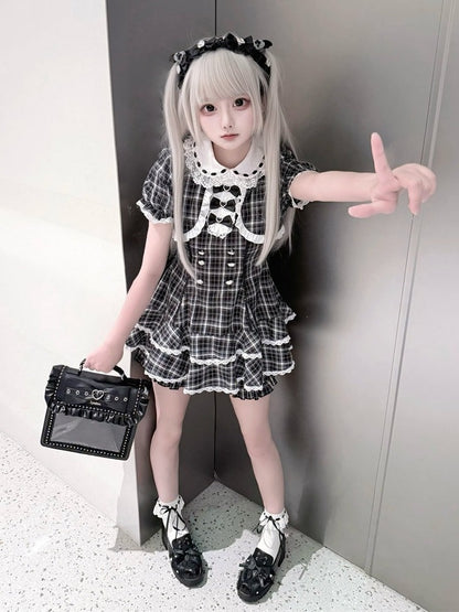 Black White Jirai Kei Plaid Fake Two-Piece Dress with Shorts Set - Puppet Bombs