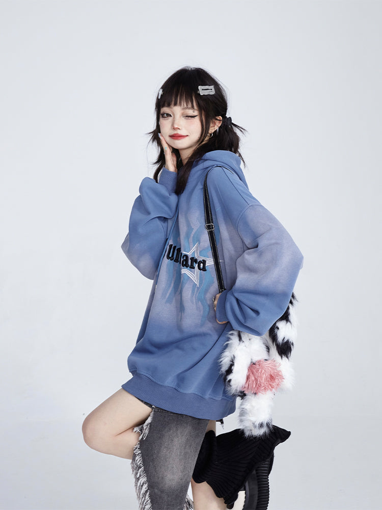Retro Vintage Hoodie Blue Embroidery with Hood Gradient Fall Drawstring Star Lettering