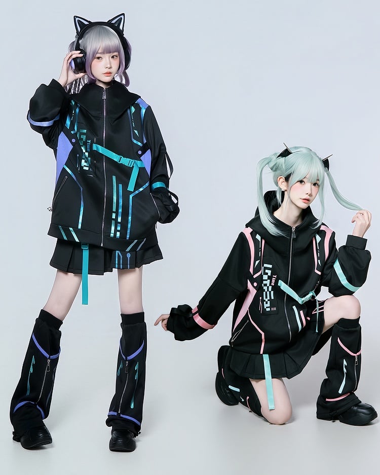 Matching Anime Hooded Purple Cyberpunk Blue Gradient Set: Jacket