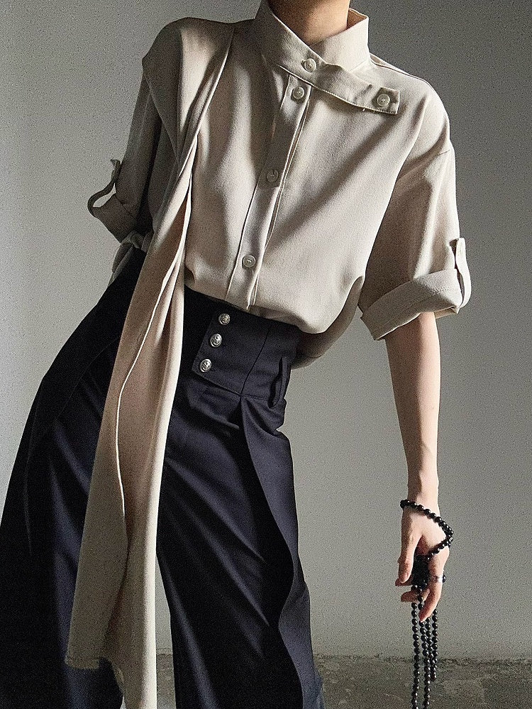 Button Unisex Khaki Extended Short Sleeve Shirt with Collar Stand