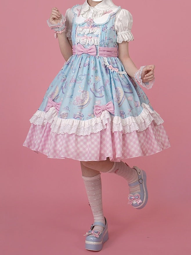 Adorable Lolita JSK Gown in Blue and Pink with Bow and Pocket Accents - Vcastle