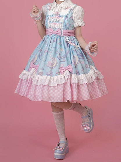 Adorable Lolita JSK Gown in Blue and Pink with Bow and Pocket Accents - Vcastle