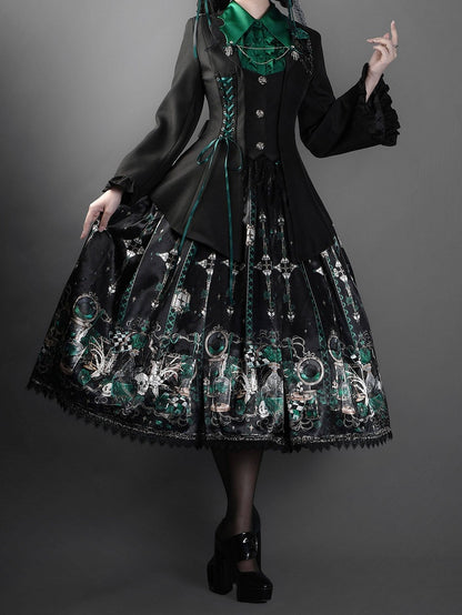 Green Rosette and Skull Print Gothic Lolita Corset Under Bust JSK Dress - Sweetheart Love Song