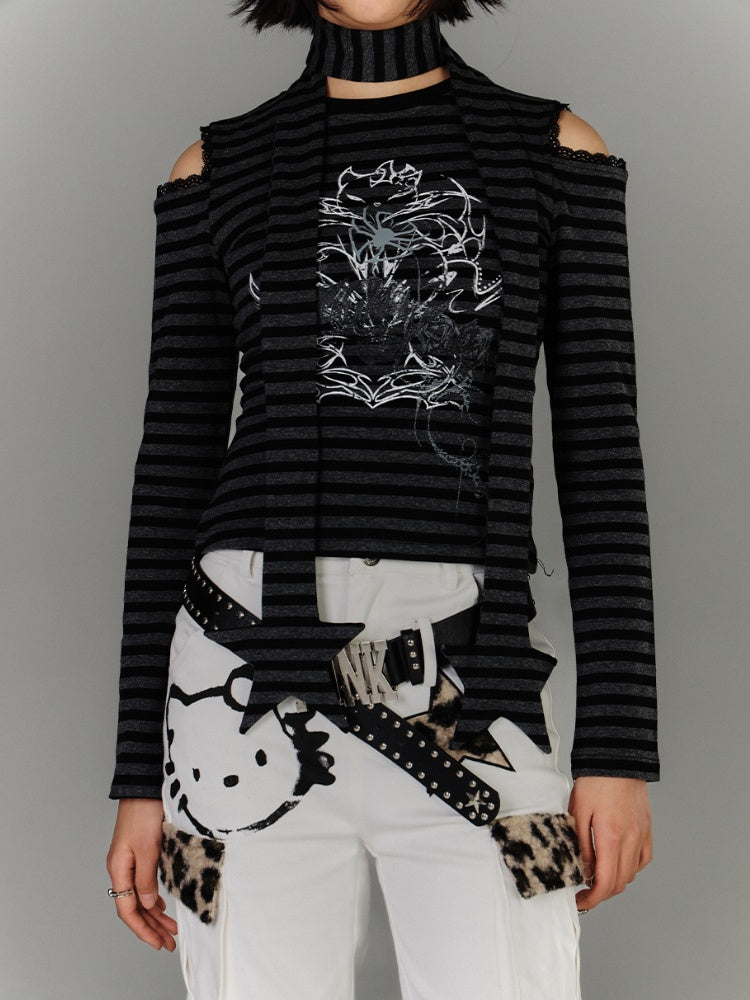 with Scarf Black  Gray Striped Cutout Shoulder Graphic Top Star Punk
