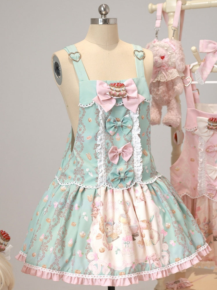 Mint Strawberry & Cake Print Adjustable-Strap Jumper Dress - Honey Village