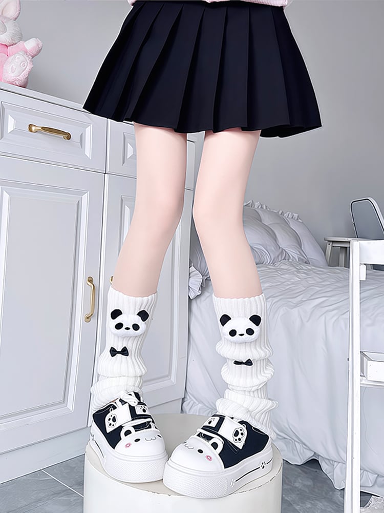 Creamy White/Black Panda & Bow Decoration Leg Warmers