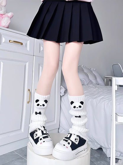 Creamy White/Black Panda & Bow Decoration Leg Warmers