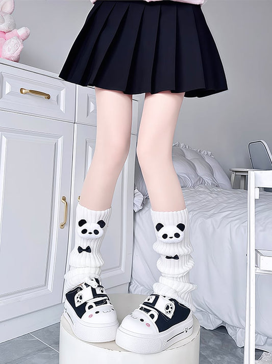 Creamy White/Black Panda & Bow Decoration Leg Warmers
