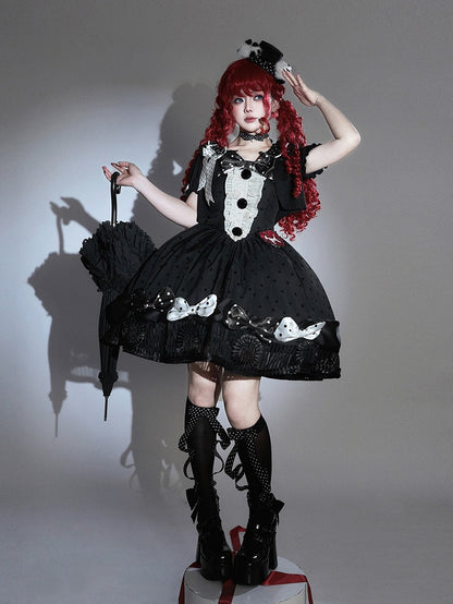 Black White Polka Dot Gothic Lolita Jumper Skirt with Bows Striped Hem - Tan Tuan