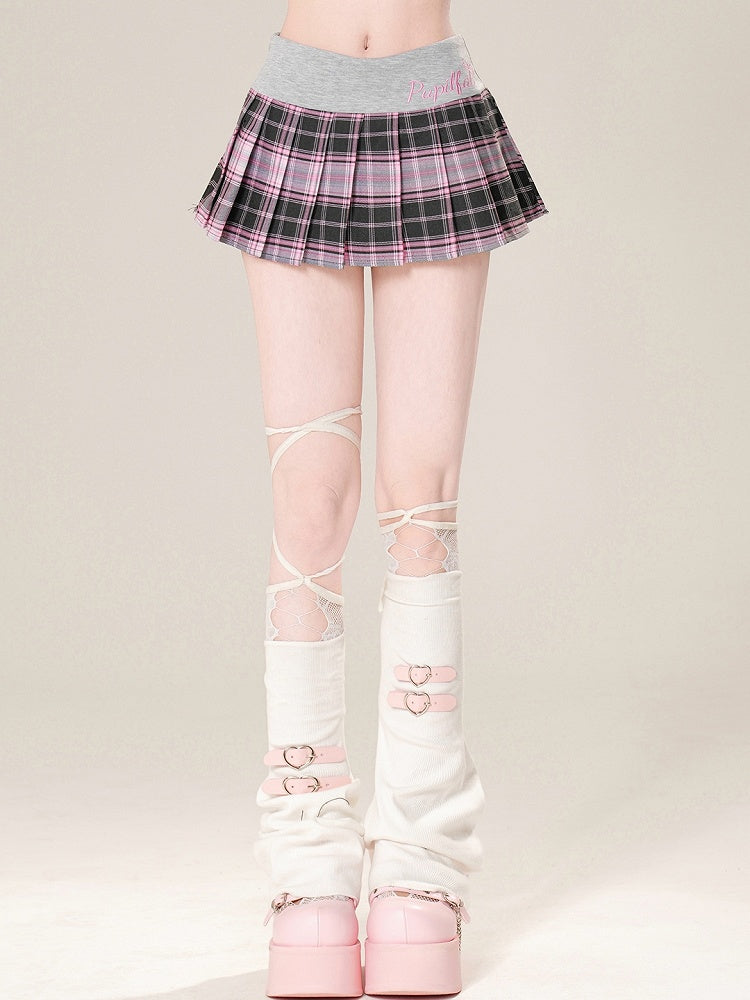Pattern Plaid Embroidered Pleated Red/Pink Letter Skirt Glamorous