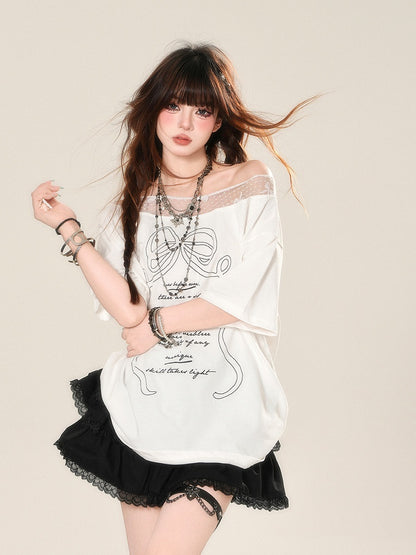Bow Print Loose White Asymmetrical Neckline Lace T-Shirt Patches Neckline