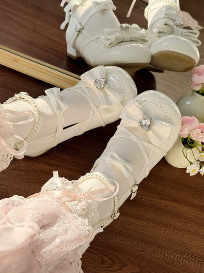 Sweet Crisscross PU Accents Bow Lolita Low-heel with White Straps Shoes