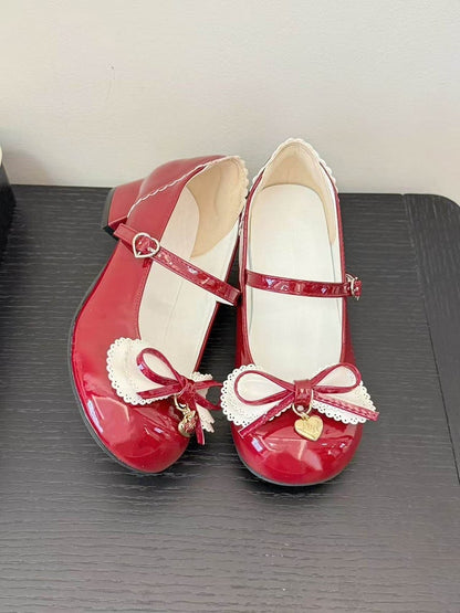 Heeled PU Lolita Sweet Bow Round 3.5cm with Scalloped in Red Snap Shoes Hem