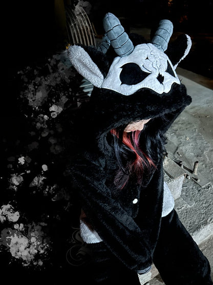 Schwarz-weißes Gothic-Winter-Pyjama-Set aus Plüsch mit Hose