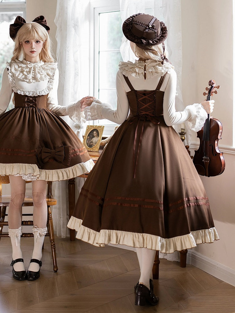 Version Elegant Embroidery Note Violin Lolita and Long Brown Dress Classic Musical