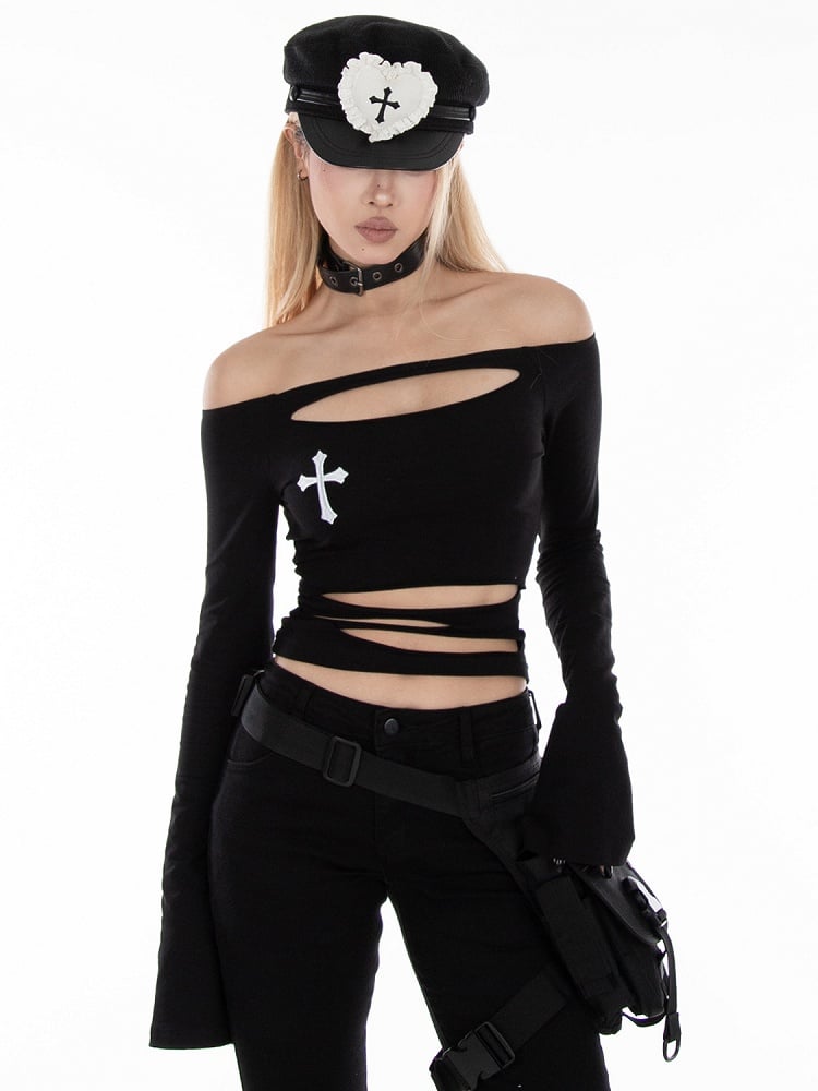 Top Black Off-Shoulder Punk with Distressed Rock Holes