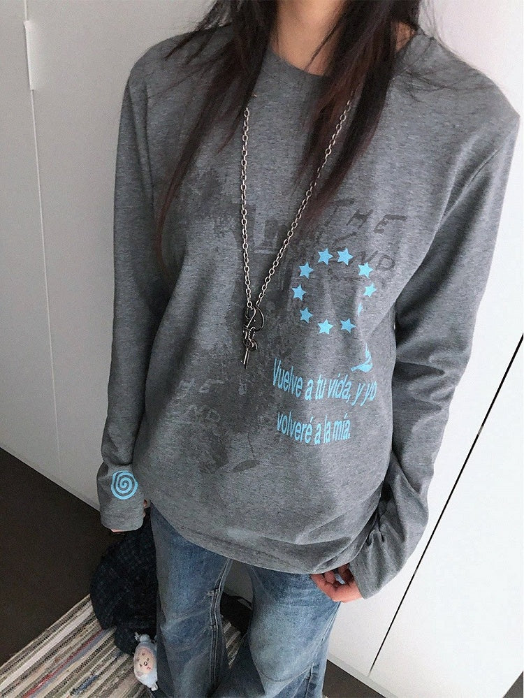 Y2K Gray Crew-Neck Long-Sleeved Loose Tee with Distressed Graphic - innomoood
