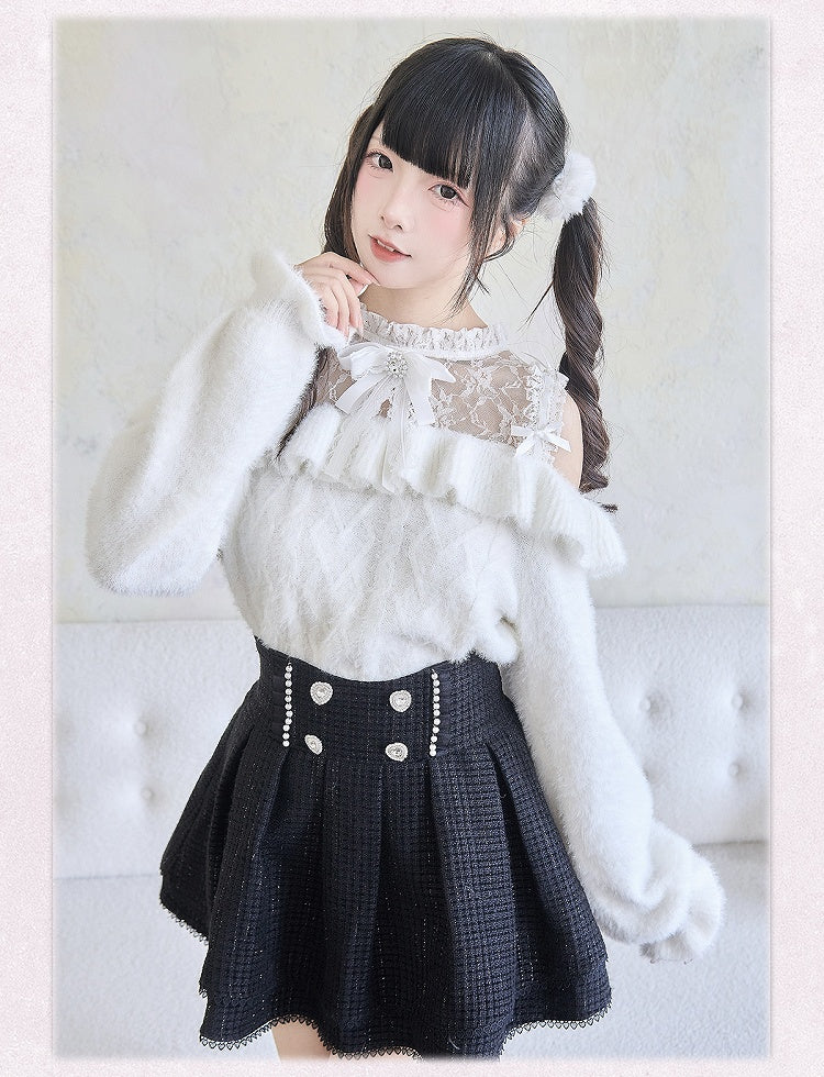 フリルトリム ホワイト ジライカイ コントラスト レースパッチ セーター カットアウト ショルダー ボウノット