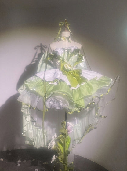 Green Balletcore Puffy Dress with Bow Accents - POSHEPOSE