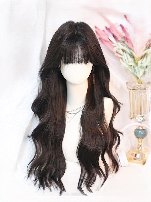 Black Tea Air Bangs Long Wavy Wig