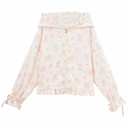 Ears Hood Beige Allover Drawstring Kitty Print Sun Protection Jacket Cuffs Kitty