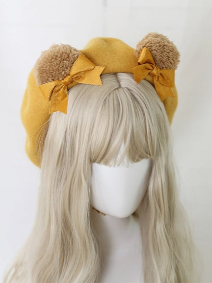 Detachable Pink / With Bowknot Ear Bear Beret Ginger Lolita Cute