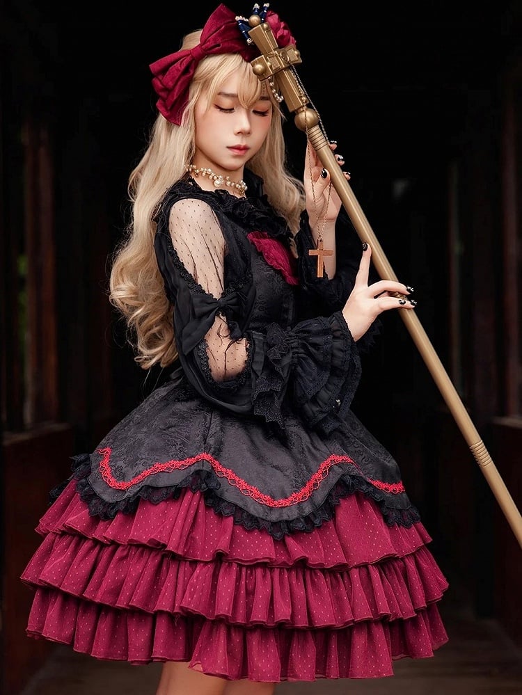 Ruffle Bead Red with Dress Accents Layered Bow Classic and Black Elegant Lolita