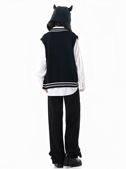 Gothic Black Strap Vest Accents and with Cross Buckle Academia Chain Knit