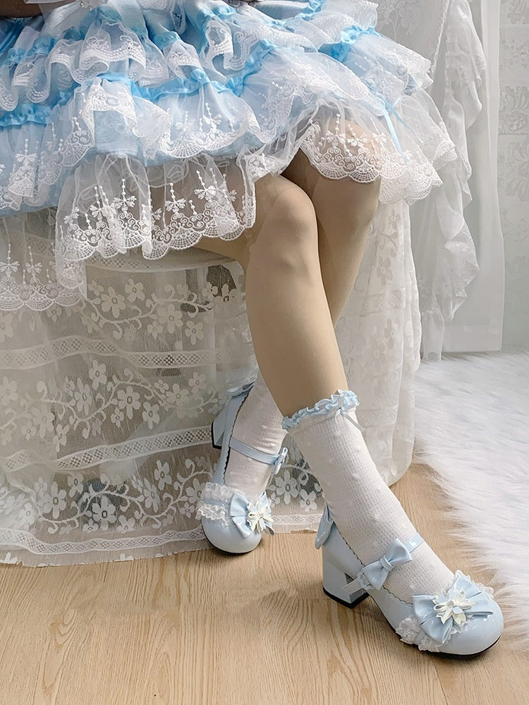 Pale Blue Kawaii Round Toe Lolita Shoes with Cherry Blossom, Lace & Bow - Hazelnut Bear