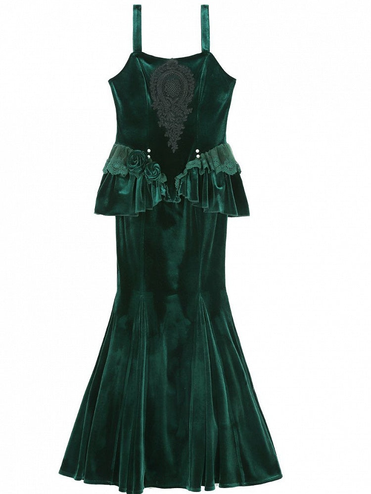 Forest Lace and Dress Peplum Detail Applique Mermaid Green with Velvet Black Dark