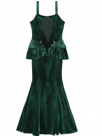 Forest Lace and Dress Peplum Detail Applique Mermaid Green with Velvet Black Dark