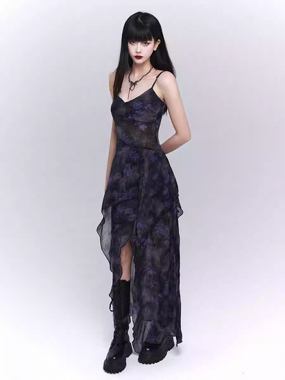 Black & Purple Floral Asymmetrical Hem Glamorous Cami Dress