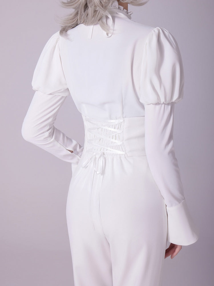 White Long Juliette Sleeve Shirt with Ruffled Neckline and Jabot - DevilInspired Exclusive Collection