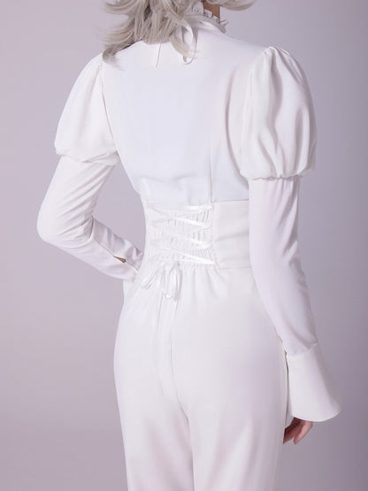 White Long Juliette Sleeve Shirt with Ruffled Neckline and Jabot - DevilInspired Exclusive Collection