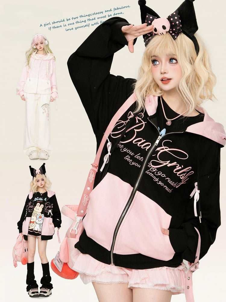 Black/Pink Letter Embroidery Colorblock Zip Hoodie