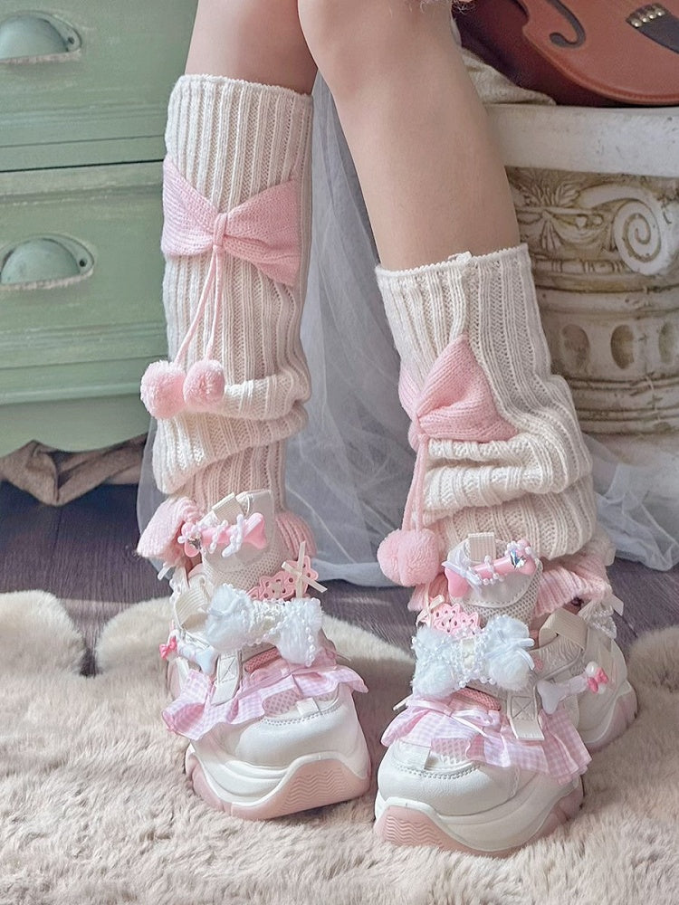 Style Pink Pom-pom Bow with Knitted Beige Accents Warmers Y2K Leg Details