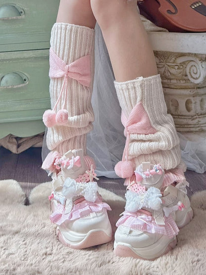 Style Pink Pom-pom Bow with Knitted Beige Accents Warmers Y2K Leg Details