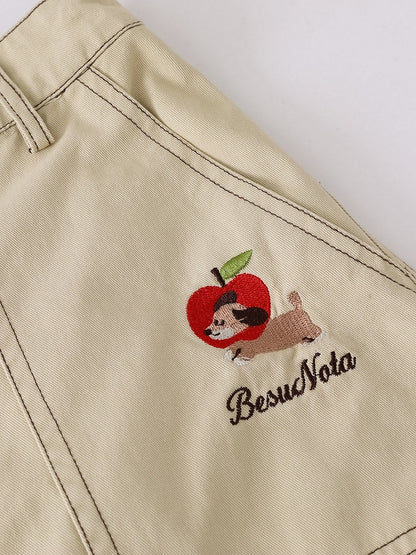 Khaki Cropped Cargo Shorts with Puppy Embroidery - Languid Park