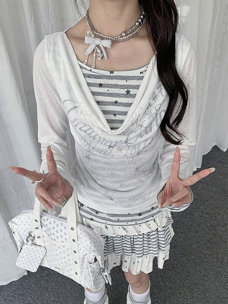 Black/White Cowl Neck Fake Two-Piece Long Sleeve Top with Stripes and Stars - Solkatt
