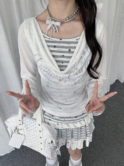Black/White Cowl Neck Fake Two-Piece Long Sleeve Top with Stripes and Stars - Solkatt