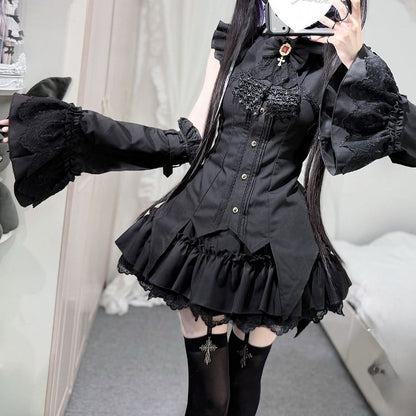 Black Gothic Sleeves Strap with Lace Cuffs - Shape Buckle Scalloped Cross-Stitch Arm Bell