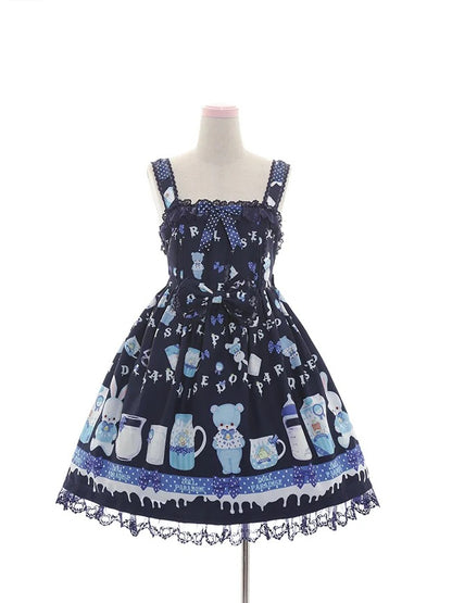 キュートなクマ柄 ブルー/ネイビー ウエスト ライトブルー エンパイア