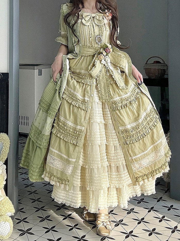 Green Layered Ruffles Elegant Lolita Dress Front Button Placket - Miss Point