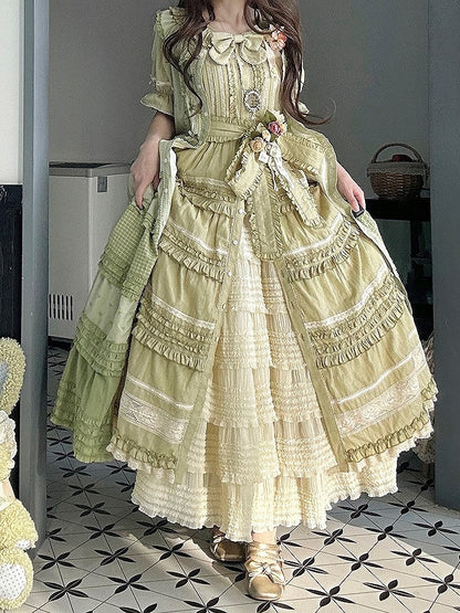 Green Layered Ruffles Elegant Lolita Dress Front Button Placket - Miss Point
